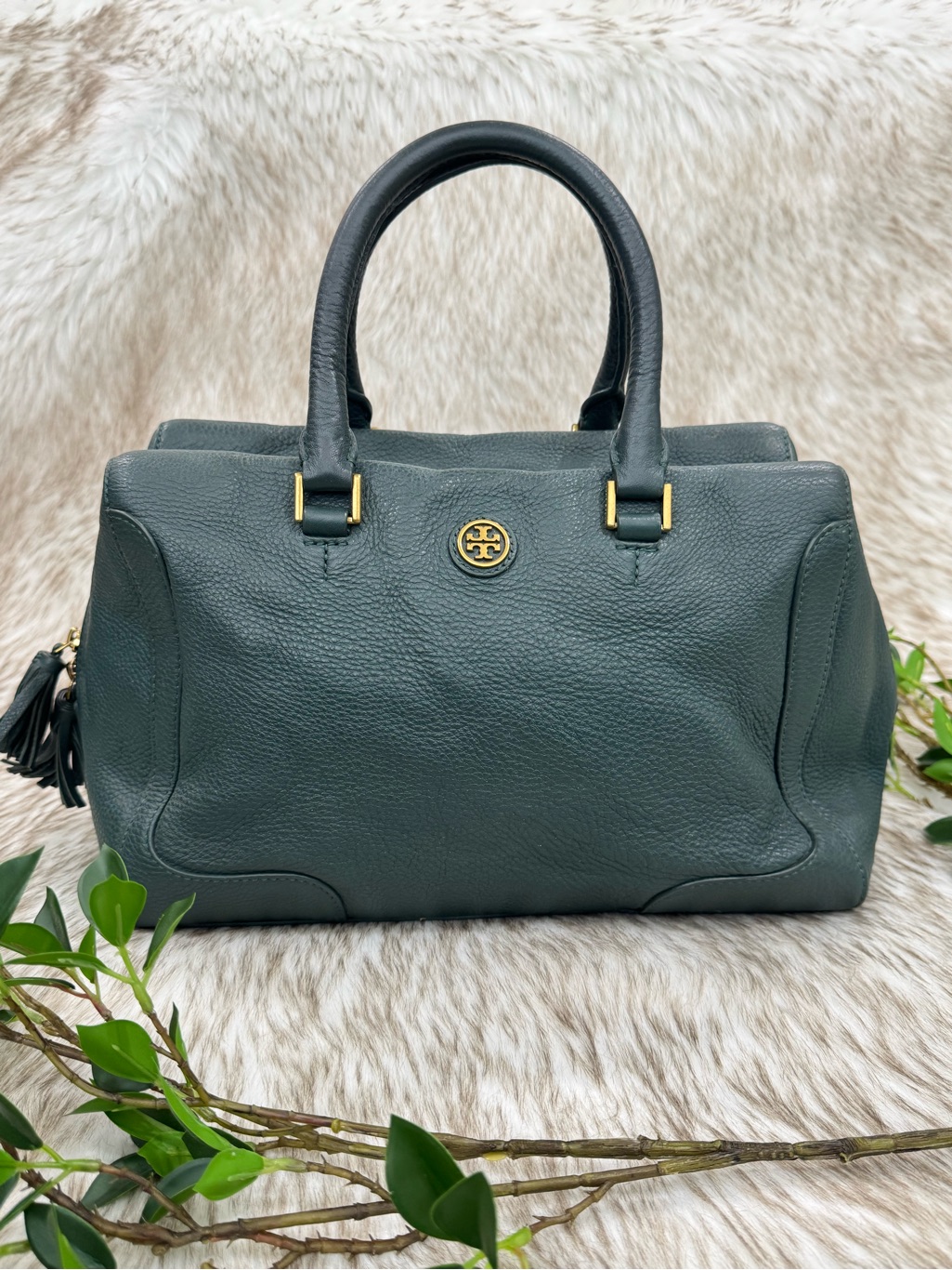 Tory Burch Green Pebbled Leather Satchel With Gold Hardware